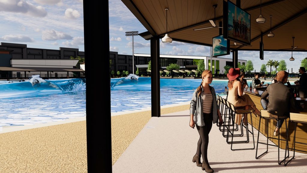 artist rendering of the bar and wave pool at Revel Surf