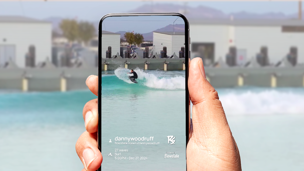 Surfer sharing their AI-generated wave pool highlight reel on social media.