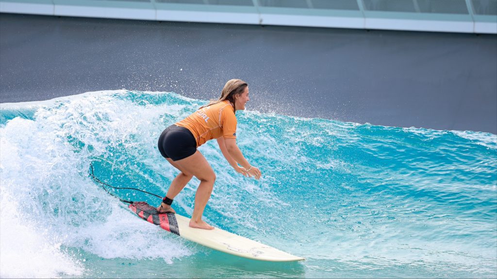 Freya Morris at The Wave Bristol surfs in special shorts