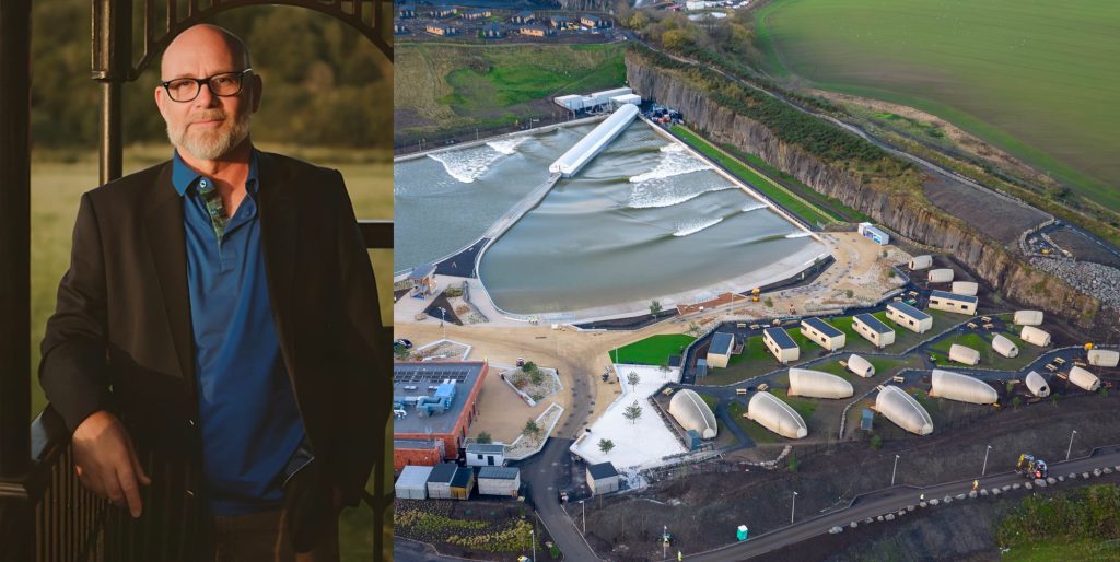 Jason Connery stands at Lost Shore Surf Resort after announcing his £1M investment in Europe’s largest surf park.