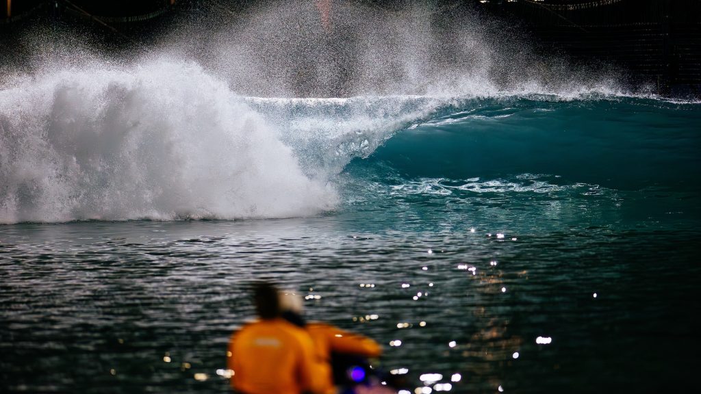 A panoramic view of the Surf Abu Dhabi Pro venue, featuring perfectly engineered waves designed for high-performance surf contests