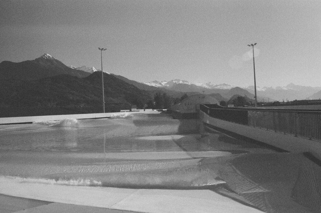 Alaia Bay wave pool in Switzerland shot with film on analog equipment by Geoff Fortune