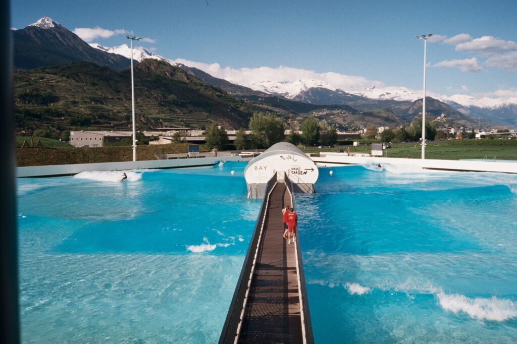 Alaia Bay wave pool in Switzerland shot with film on analog equipment by Geoff Fortune