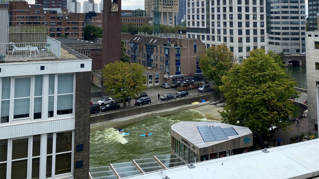 Skytop view of the RiF010 wave pool in central Rotterdam.