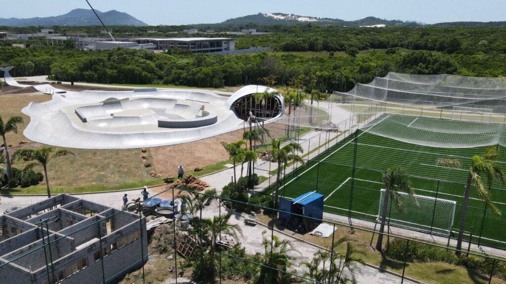 overview of Surfland Brazil's skatepark and tennis courts
